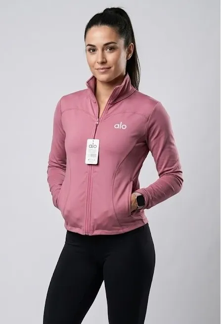 Sudadera deportiva de licra para mujer con bolsa frontal tipo canguro.